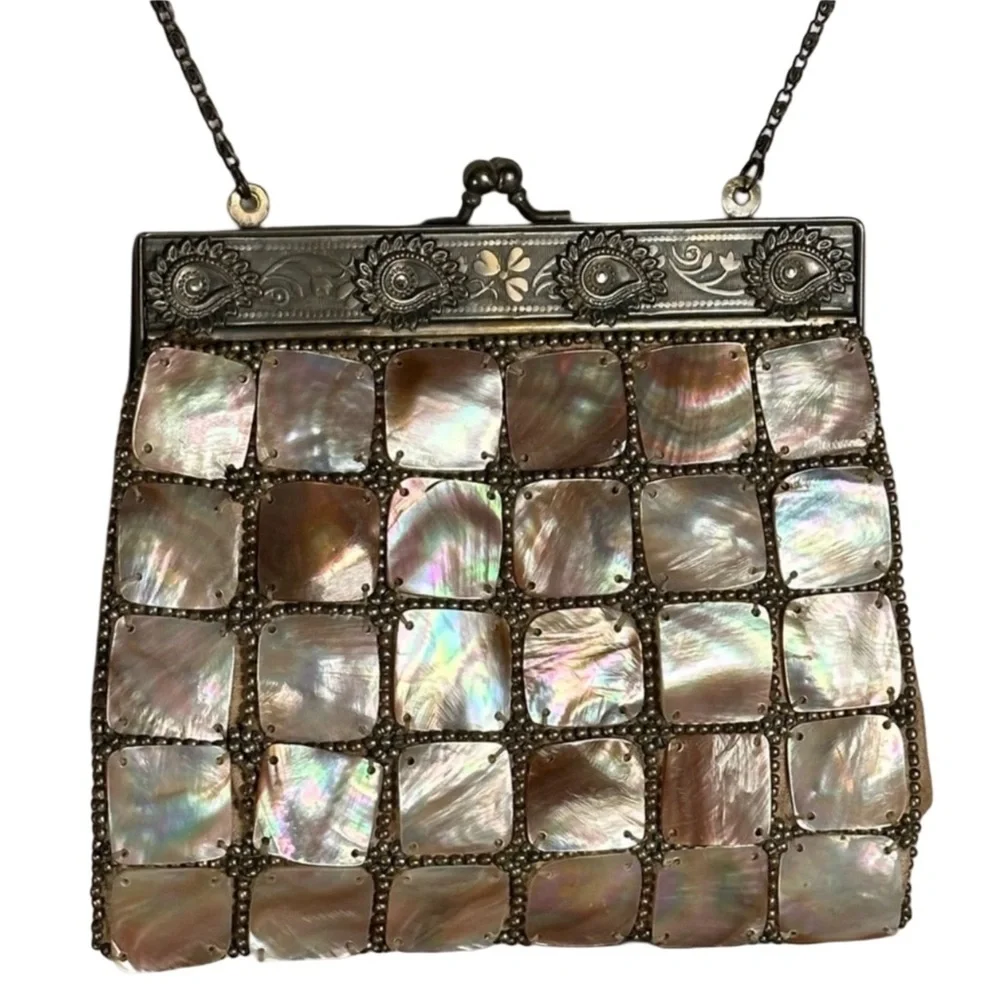 MOYNA COUTURE abalone shell squares chain and silk inside hand stitched …